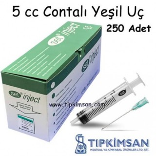Steril Enjektör 5 cc. Contalı - 3 Parça-Yeşil Uç - 250 Adet