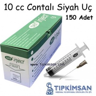Steril Enjektör 10 cc. Contalı - 3 Parça-Siyah Uç - 150 Adet