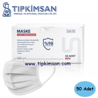 Cerrahi Maske Lastikli 3 KATLI BEYAZ - Meltblown Kumaş - 50 Adet