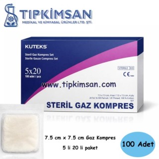 STERİL GAZ KOMPRES - KUTEKS 7.5 X 7.5 5 li 20 li PAKET - 100 Adet