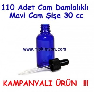 110 ADET CAM DAMLALIKLI MAVİ CAM ŞİŞE 30 CC SİVRİ UÇLU DAMLALIK