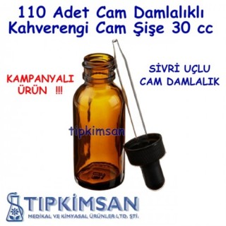 110 ADET CAM DAMLALIKLI KAHVERENGİ CAM ŞİŞE 30 CC SİVRİ UÇLU DAMLALIK
