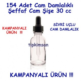 154 ADET CAM DAMLALIKLI ŞEFFAF CAM ŞİŞE 30 CC - SİVRİ UÇLU DAMLALIK