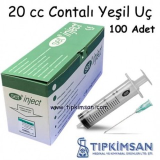 Steril Enjektör 20 cc. Contalı - 3 Parça-Yeşil Uç - 100 Adet